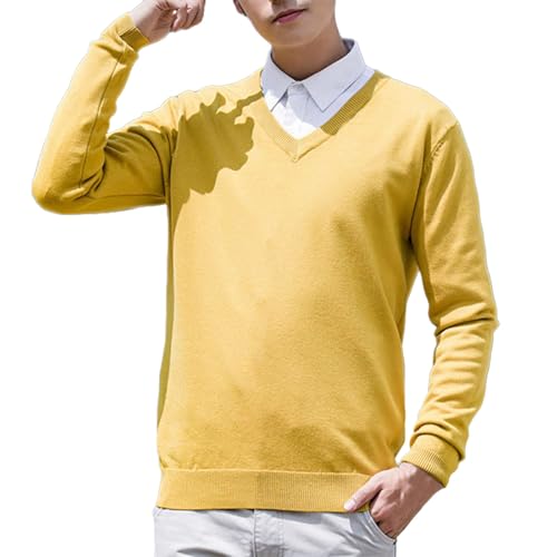 Men's V Neck Knit Jumper Pullover Long Sleeve Soft Touch Knitwear Stretch Plain Classic Sweater Casual Business Lightweight Knitted Jumpers Tops Yellow