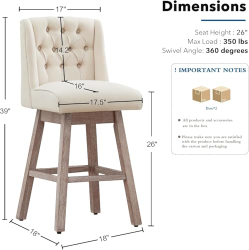 Image of Counter Height Bar Stools Set of 3, 360Swivel Bar Stools with Back and Wood Legs, 26 inch Morden Linen Fabric Upholstered Barstools for Kitchen Island Dining Room Bar