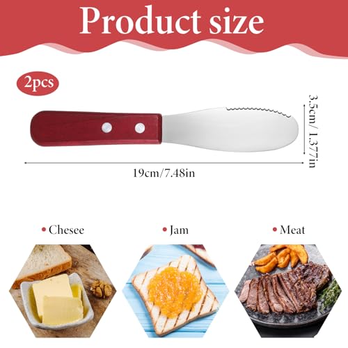 Tucnoeu 2pcs Stainless Steel Butter Spreader Knife with Wooden Handle, Long Handle Red & Steel Color, Kitchen Tools for Sandwich Cream Condiments - Thumbnail 2