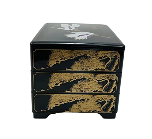 Japanbargain 4119, Jubako Box Japanese Traditional 3 Tiers Stack Box Food Candy Snack Container Bento Box Made In Japan, Plastic Lacquered, Black Crane #TOP2
