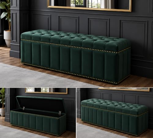 Image of Tufted Velvet Storage Ottoman Bench with Nailhead Trim (Dark green) | Storage Ottoman bench