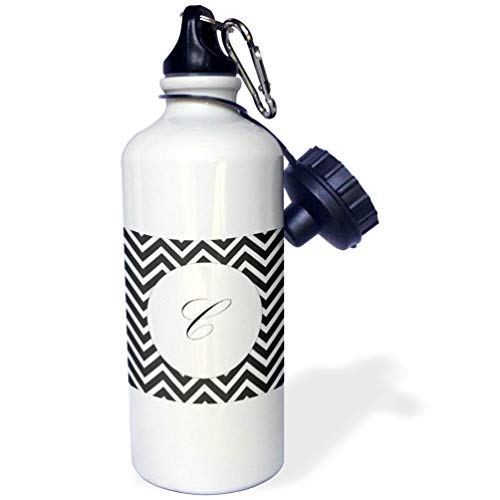 3dRose Print of Script C On Black White Chevron Stripes-Sports Water Bottle, 21 oz, White