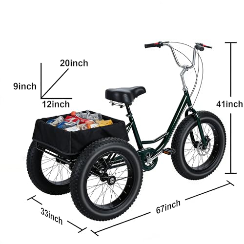 nawoefii Fat Tire Tricycle for Adults 20 Inch, 3 Wheel Bike for Adults Men Women, 7 Speed Cruise Trike with Big Basket, 450 LBS Load All Terrain Heavy Duty Three-Wheeled Cargo Bicycle