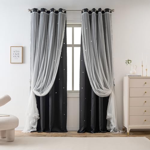Image of Yancorp Black Curtains for Bedroom Living Room Thermal Insulated Kids Curtain Hollow-Out Star Window Nursery Curtain 96 inches Length Room Darkening Grommet(Black,52 * 96),1 Panel