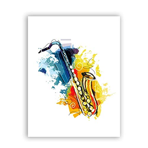 HJKLP Instruments De Musique Abstraits Saxophone Murale Art Affiche Aquarelle Toile Tableau Jazz Peinture Tableaux Saxophone Decoration De La Maison 30x40 Cm...
