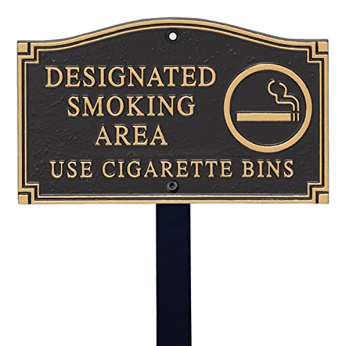 SmartSign Designer Designated Smoking Area Sign, Decorative Use Cigarette Bins Plaque/Marker with Stake | 5.75" x 9.5" Cast Aluminum Metal Sign with 18" Black Lawn Stake, For Lawn/Yard/Garden