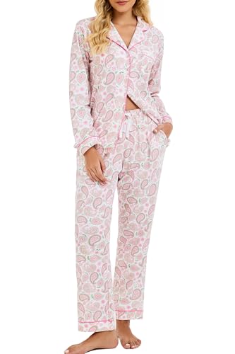 Image of LUBOT 100% Cotton Pajamas for Women Pajama Set 2 Piece PJ Sleepwear Set Soft Ladies Button Knit Long Sleeve Loungewear XS-XXL