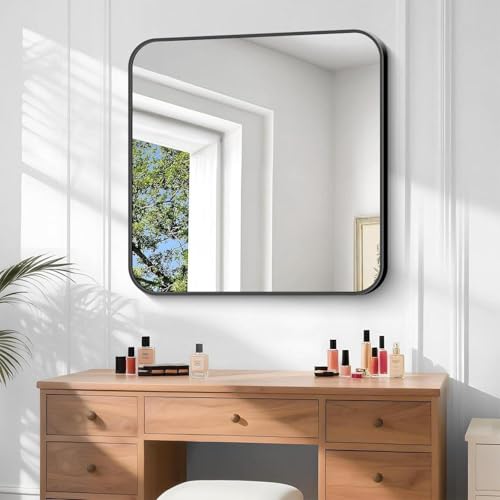 Image of Bathroom Mirror, 40 x 36 inch Black Rectangle Wall Mirror, Metal Frame Rectangular Vanity Mirror, Rounded Corner Wall Mounted Mirror for Modern Bedroom Living Room Hangs Horizontal /Vertical