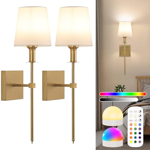 Lámpara de Pared Sin Cable, 2 Piezas USB Recargable Apliques Pared Interior con Mando a Distancia, Batería Lampara Pared Regulable con Pantalla de tela Blanca, Luz de Pared para Salón Dormitorio, Oro