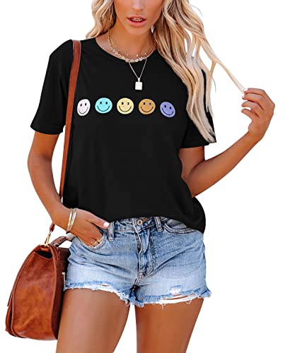Eurivicy Women's T-Shirts Summer Funny Graphic Short Sleeve Tops Loose Casual Crew Neck Tees Black #TOP28
