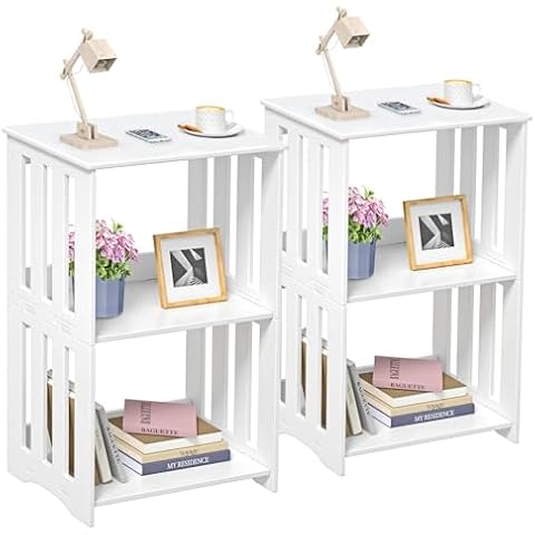 HAYOFAMY 3 Tier End Table NightStand Set of 2, Narrow Side Table with Display Shelf, Small Bookcase Bookshelf, Bedside Table Storage Rack for Bedroom, Living Room Office Bathroom (White) Cover