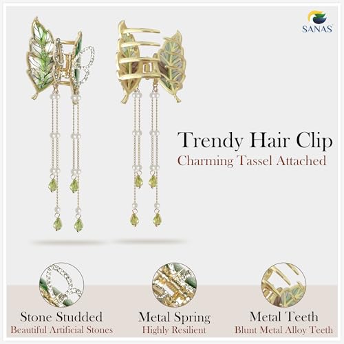 Image of Sanas Hair Clips For Women Stylish (1Pc) Clutchers For Hair Accessories For Women Leaf Shape Hair clip With Dangling Crystal & Pearl chain For Woman Aesthetic Korean Gifts For Woman (1Pc) (Green & Pearls With Crystals)