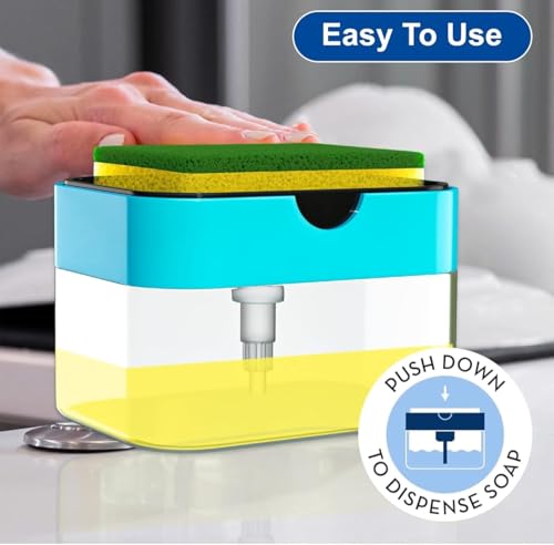 Image of 2-in-1 Soap Dispenser with Sponge Holder, Turquoise and Yellow, Kitchen Sink Organizer