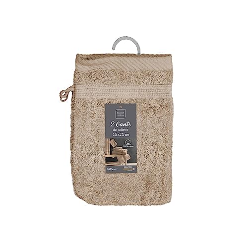 Douceur d'Intérieur, 2 Gants de Toilette (15 x 21 cm) Tendresse Taupe, Eponge Unie 100% Coton