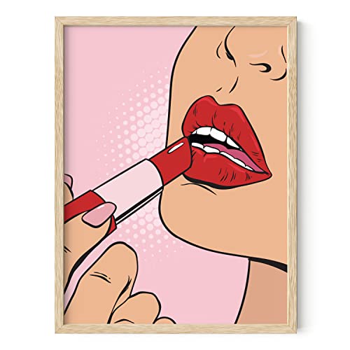 HAUS AND HUES Baddie Lips Wall Art – Pop Art Poster, Red Lip Print, Boss Lady Aesthetic Room Decor (Beige Frame, 12x16)