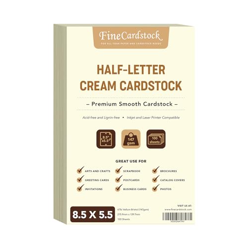 Papier cartonné crème 21,6 x 14 cm demi-lettre lot de 100 feuilles Bristol 30,4 kg pour jet d'encre