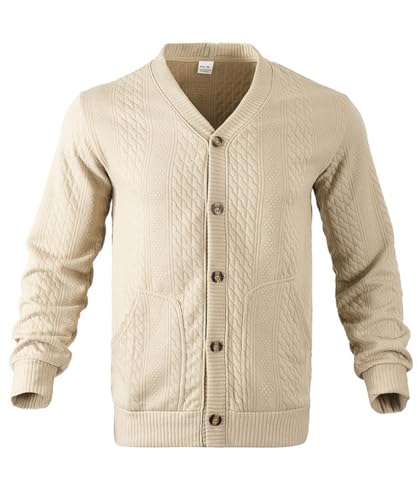 Men's Cardigan Sweater Long Sleeve Casual Lightweight V Neck Button Down Cable Knit Sweater with Pockets2