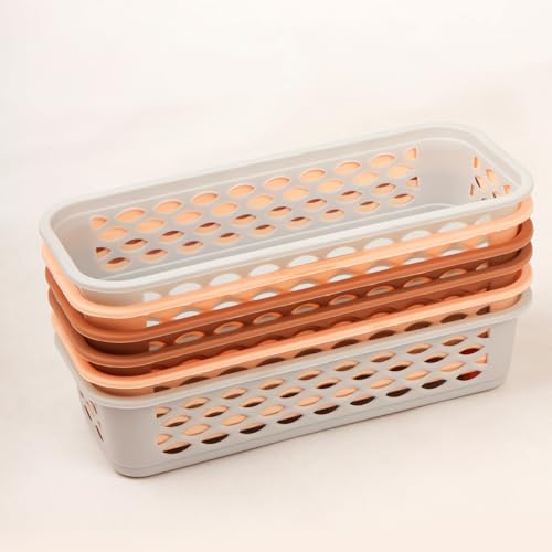 Image of Organizer Tray Office Drawer Dividers Storage Bins Multipurpose Desk for Makeup, Kitchen, Office, Bathroom, Bedroom Dreassing, Basket Rack MultiColor(23*8*5 CM) Pack Of 6 (Brown 6pcs)
