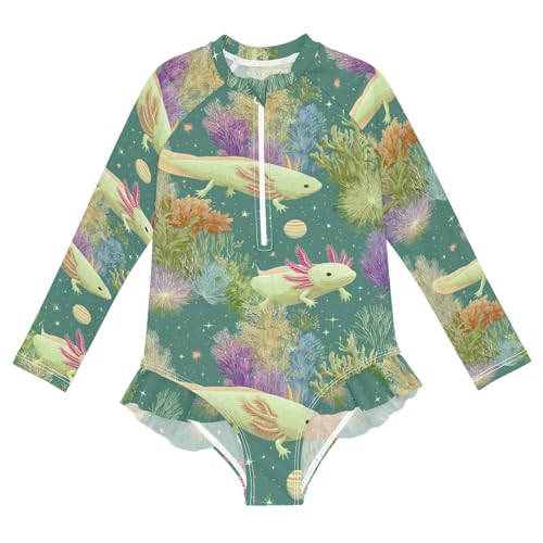 Axolotl with Colorful Plants Girls Rash Guard Swimsuits Long Sleeve One Pieces Bathing Suit UPF 50+ Zipper Swimwear