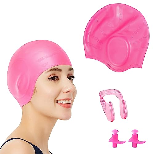 Premium Silicone Swimming Cap with 3D Ear Protection, Includes Bonus Earplugs & Nose Clip