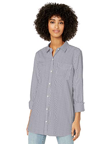 Amazon Brand - Goodthreads Women's Lightweight Twill Long-Sleeve Button-Front Tunic Shirt, Navy/White Stripe , XX-Large