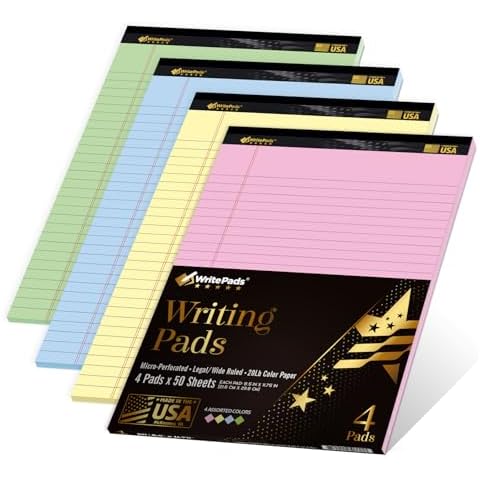 KAISA Colored Legal Pads 8.5" x 11" Note Pads Wide Ruled Writing Pads 50 Sheets Perforated Notepads 20lb Heavyweight Rigid Back Premium Legal Pads 4 Colored Lined Paper 4Pads Cover