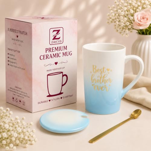 Image of ZAICUS Best Brother Ever Coffee Mug with Lid & Spoon, Gift for Brother | Suitable for Hot & Cold Beverages | Ceramic Mug | Elegant White & Blue Gradient Finish