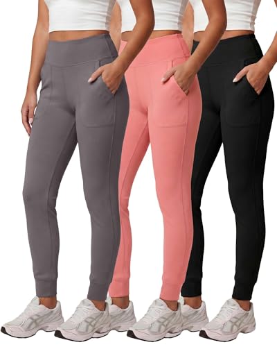 Real Essentials 3 Pack: Women's Workout Yoga Jogger Track Pants - High Waist Running Athletic Sweatpants with Pockets - Set 1, M