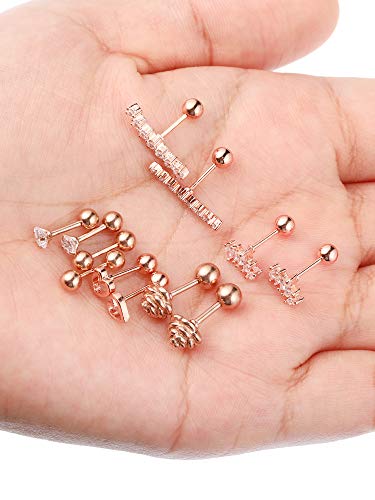 6 Pairs Stainless Steel Tragus Cartilage Earrings Labret Studs Barbell Lip Nose Body Stud Piercing For Men Women Ornament (Rose Gold) #TOP3