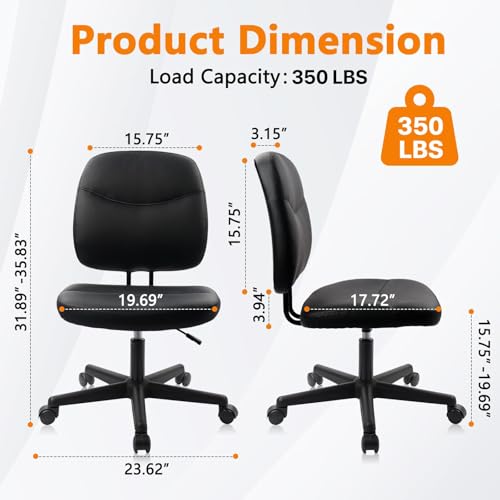 Image of CLATINA Armless Home Office Chair, Small PU Leather Ergonomic Low Back Desk Chair with Lumbar Support and Wheels, Adjustable Height 360 Swivel Rolling Computer Task Chair, Black, 6 Pack