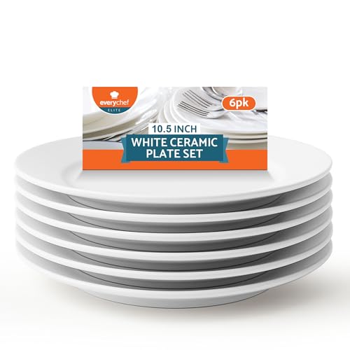 SOL - SOL 6pk White Ceramic Dinner Plates – 10.5 Inch Plate Set for Everyday Dining – Classic Round Tableware for Home, Café or Restaurant Use – Durable, Easy Clean Plates for Meals and Serving