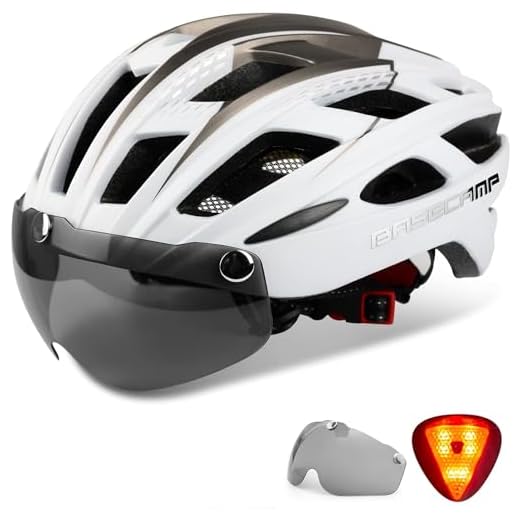 Bike Helmet, Basecamp Bicycle Helmet with Rear Light & Detachable Magnetic Goggles & Portable Backpack Lightweight Cycling Helmet Adjustable for Adult Men Women Mountain & Road (BC-069)
