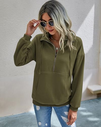 Image of PRETTYGARDEN Women's Casual Long Sleeve Zipper Sweatshirt Drawstring Loose Quarter Zip Pullover Tops with Pockets