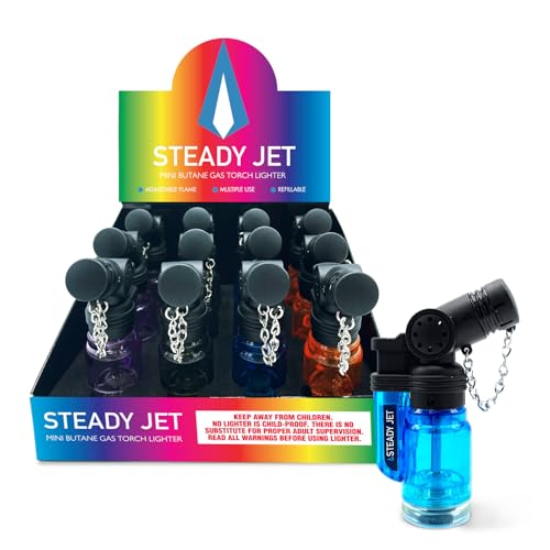 Steady Jet Turbo Mini Butane Torch Lighter, Wind Resistant, Adjustable Flame, Pocket Size, Refillable, Assorted Vibrant Colors, 12-Pack