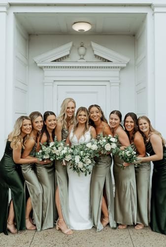 Satin Prom Dress Long Bridesmaid Dresses with Slit Dusty Rose Formal Dress Slit Open Back Size44