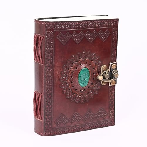 Image of Hancrafty Leather Diary, Handmade Green Stone Embossed Plain White Paper Journal with Lock Clasp for Men and Women Travel Notebook for Writing (Brown)