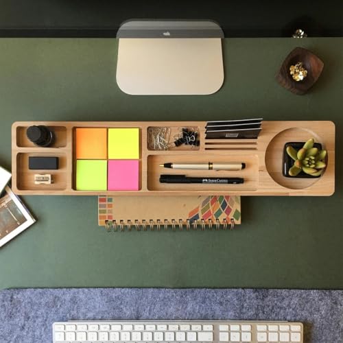 Image of Wooden Desk Organizer with Phone Stand, Multi-Compartment Stationery Holder, Natural Wood Finish (STYLE-3)