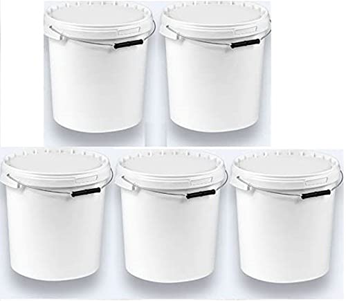 Silplast 5 cubos de 20 litros con tapa, color blanco, 5 unidades, apilables, para leche, miel, de plástico, aptos para alimentos, recipientes vacíos para harina, agua