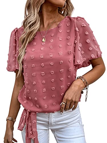 Sweatyrocks Women's Swiss Dot Short Sleeve Round Neck Chiffon Blouse Top Solid Tie Knot Hem Pom Pom Shirts Dusty Pink L #TOP5