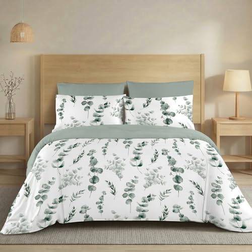 H HANSEL HOME Funda Nórdica Cama 150 de 3 Piezas Transpirable Suave al Tacto 100% Microfibra, Funda Edredón 220x240cm con 2 Fundas de Almohada 50x75cm   Eucalipto