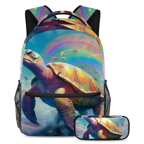 Cartable étudiant grand format avec trousse scolaire Tortue arc-en-ciel