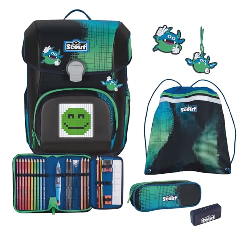 Sac d'école Scout Neo cartable bleu motifs pixels set 4 pièces avec trousse et sac sport