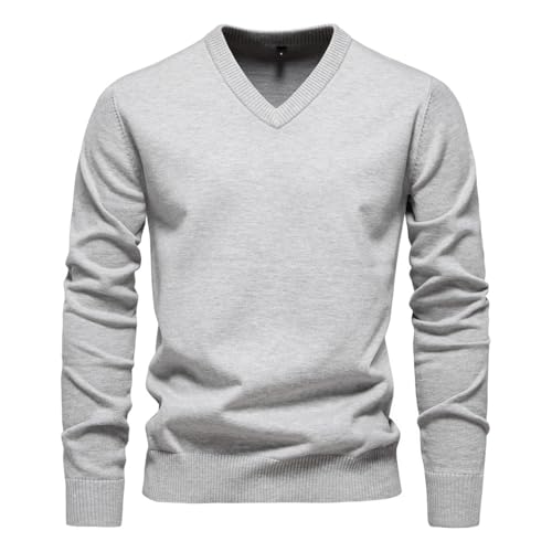 Men's V-Neck Pullover Sweater, Cotton Knit Long Sleeve Dress Sweaters, Fashion Slim Fit Sweater