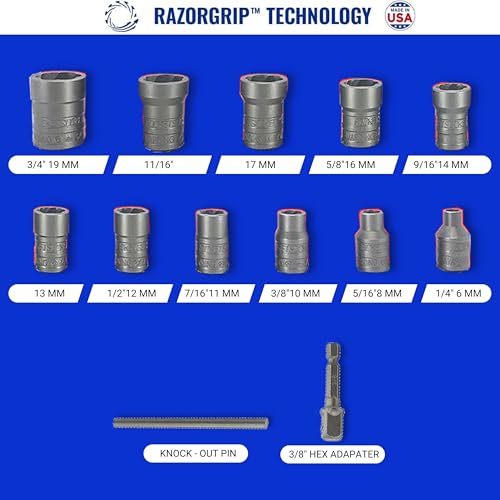 USA-Made 13-Piece Turbo Bolt Extractor Set for Stripped Bolts & Nuts | Impact Grade Lug Nut Remover Kit