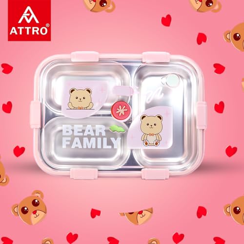 Image of Attro Bento 3 Deluxe Lunch Box with Inner Stainless Steel & Secure Lock Cute Eye Catchy Design Food Grade, Leakproof, Vacuum Seal Design Use for School Kids & Outdoor- 750ml Soft Pink