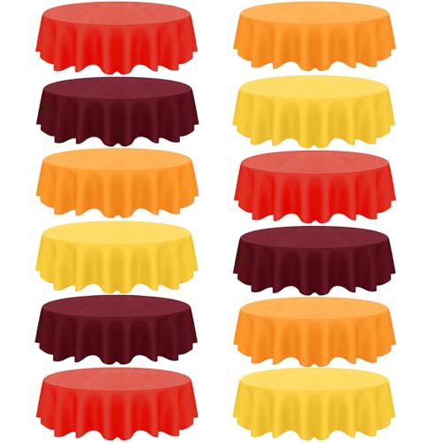Image of CIEOVO 12 Pack Fall Plastic Tablecloth, Autumn Color Disposable Waterproof Round Tablecloth for Fall in Love Wedding Thanksgiving Harvest Family Birthday Baby Shower Party Decoration