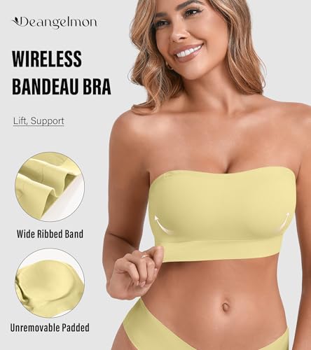 Image of DEANGELMON Strapless Bras for Women Wireless Push Up Non-Slip Bandeau Bra Seamless Clear Straps TubeTop Padded Bralette