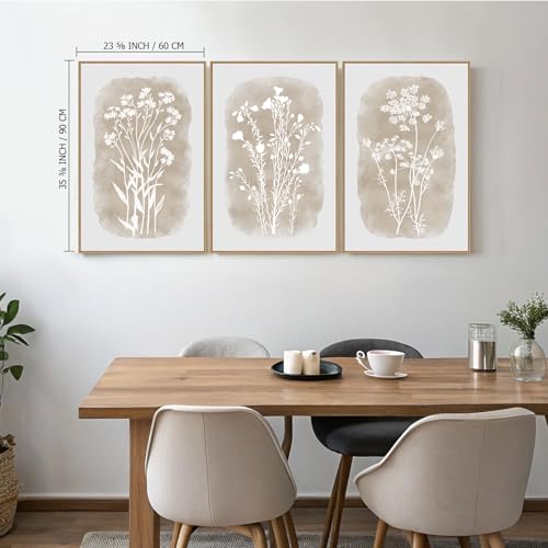 Boho Botanical Wall Art Neutral Wildflower Framed Canvas Wall Decor, Large Vintage Minimalist Floral Beige Prints for Farmhouse Living Room Bedroom Office- Set Of 3, 24x36 Inch, Ready to Hang by Zessonic - Image 3