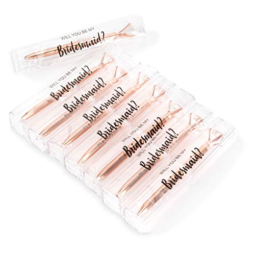 Heather & Willow Bridesmaids Diamond Pens Set of 8 | Bridesmaid Proposal Gifts Box, Bachelorette Party Favors | Brides Babes Bridal Shower for Wedding - Rose Gold