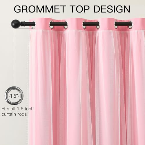 Image of XiDi Double Layer Curtains with Sheer Overlay for Girls Kids Bedroom 96 Inches Long Pink Blackout Curtains Princess Nursery Thermal Insulated Room Darkening Grommet Drapes Lace Hem 2 Panels W52xL96